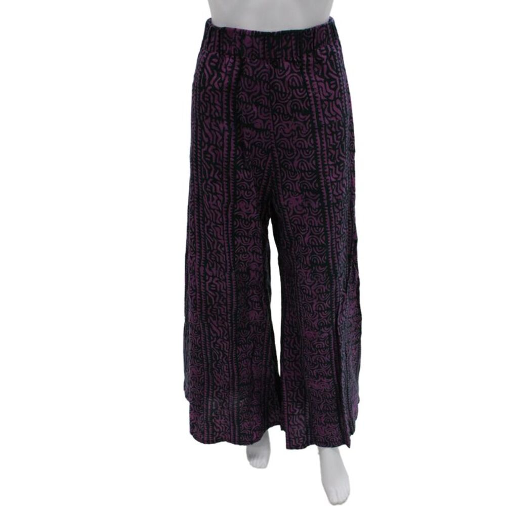 Kahindo Women Wide-Leg Pants Purple 100% Cotton Geometric Pull On Size S